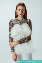 Load image into Gallery viewer, Model is wearing white tulle top holding a flower basket
